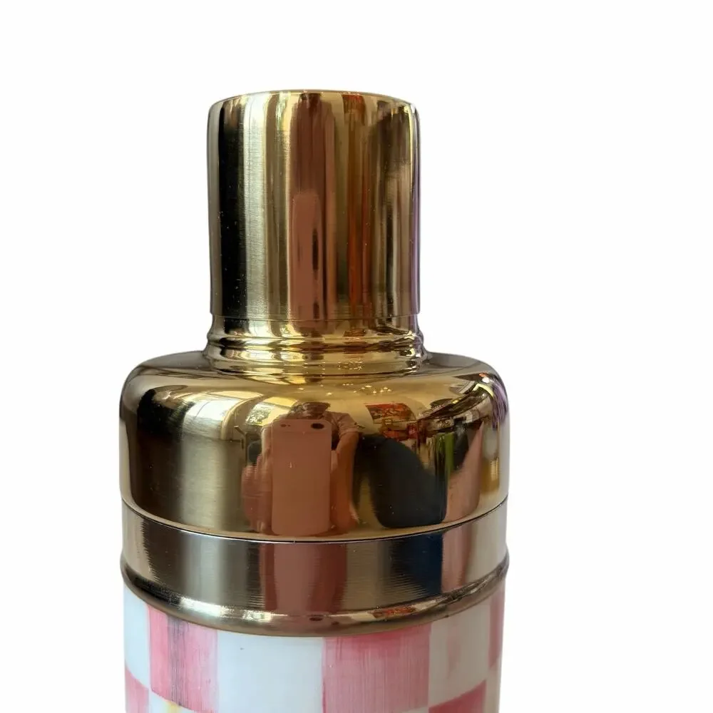 New MacKenzie-Childs Rosy Check 3260 Gold Cocktail Shaker Chic Pink Bareware
